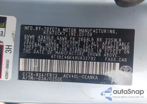 2009 Toyota Camry Le из США, поврежденный, VIN 4T1BE46K49U832792